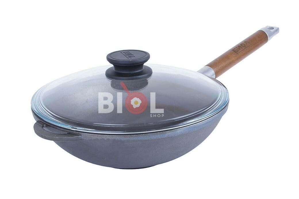 ВОК сковорода чугунная с ручкой и стеклянной крышкой Биол 24 см